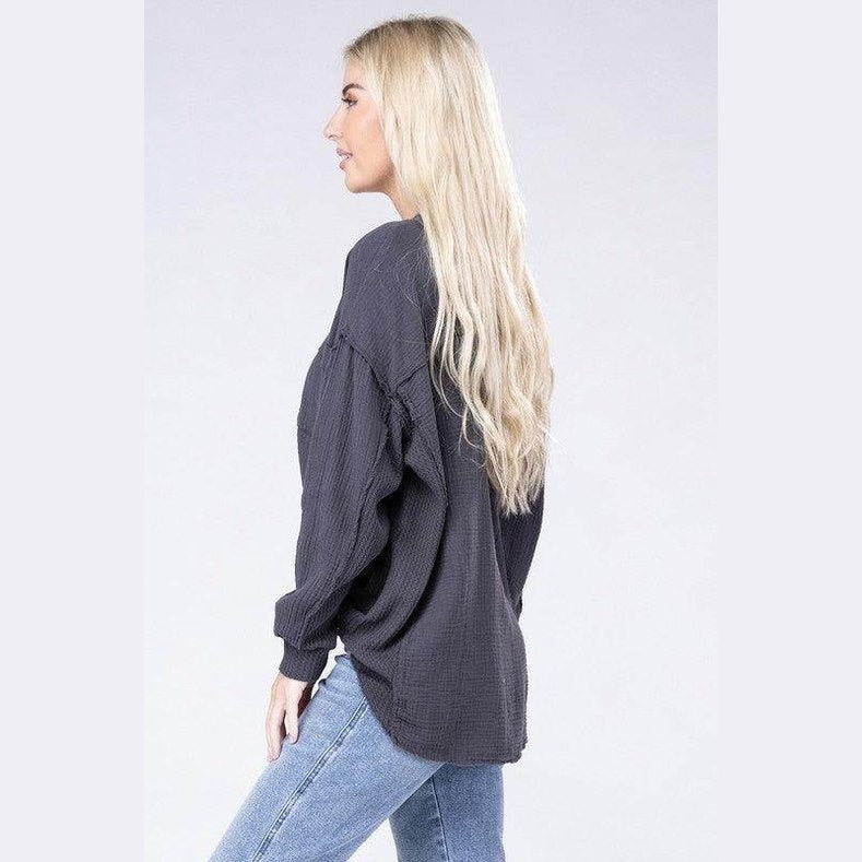 Double Gauze Oversized 3/4 Button Henley Neck Top - VacationGrabs