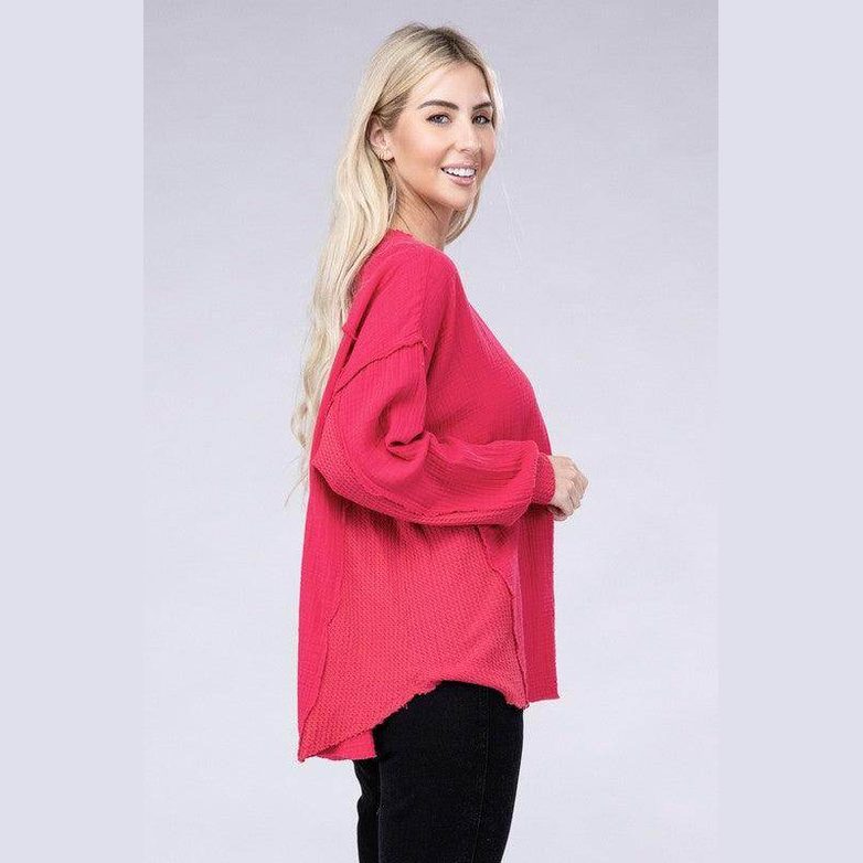 Double Gauze Oversized 3/4 Button Henley Neck Top - VacationGrabs