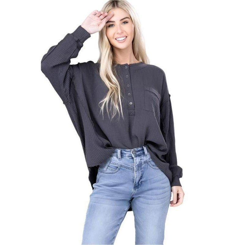 Double Gauze Oversized 3/4 Button Henley Neck Top - VacationGrabs