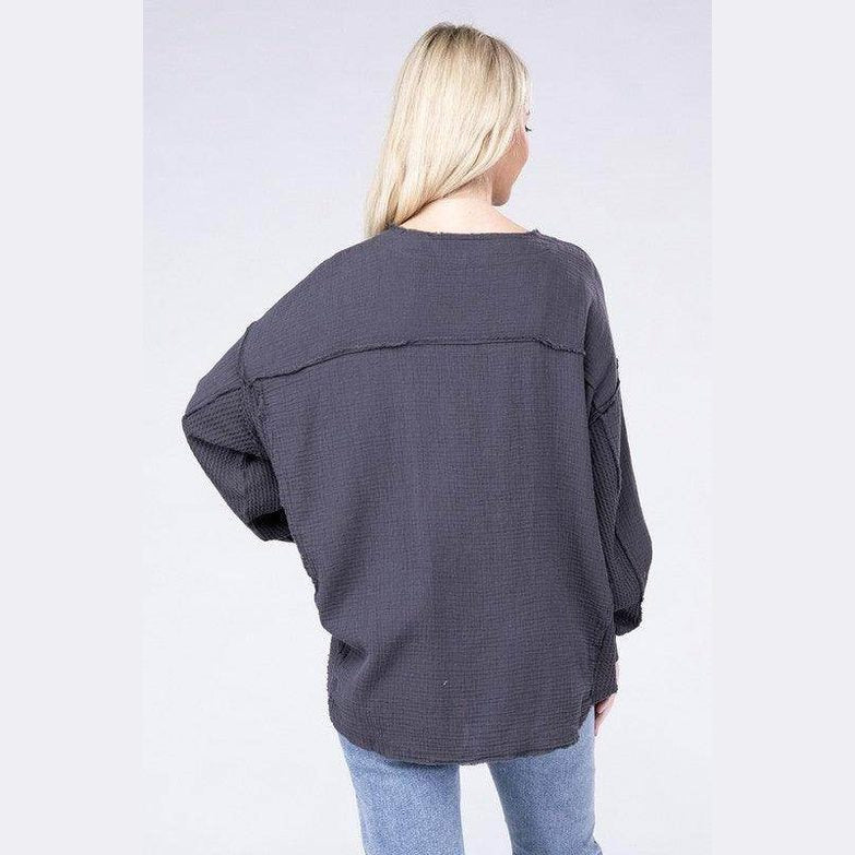Double Gauze Oversized 3/4 Button Henley Neck Top - VacationGrabs