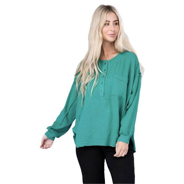 Double Gauze Oversized 3/4 Button Henley Neck Top - VacationGrabs