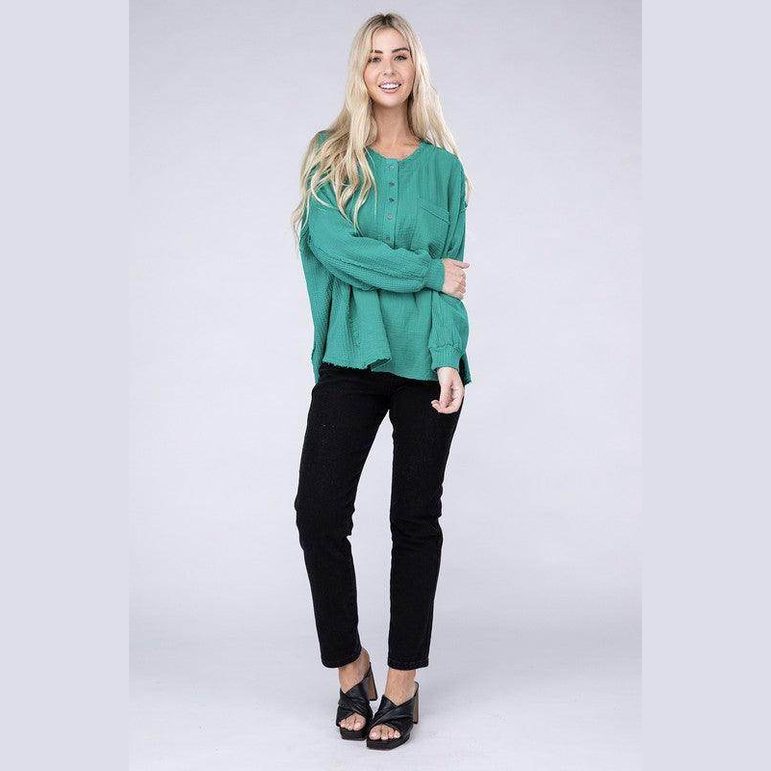 Double Gauze Oversized 3/4 Button Henley Neck Top - VacationGrabs