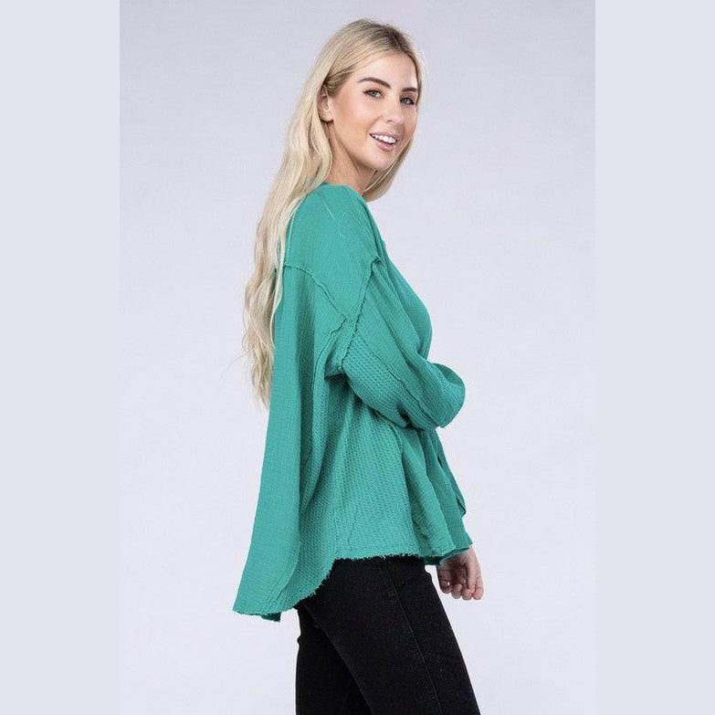 Double Gauze Oversized 3/4 Button Henley Neck Top - VacationGrabs