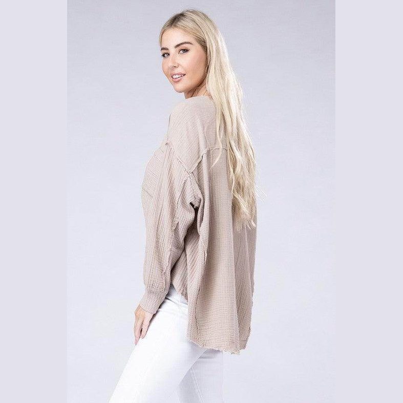 Double Gauze Oversized 3/4 Button Henley Neck Top - VacationGrabs