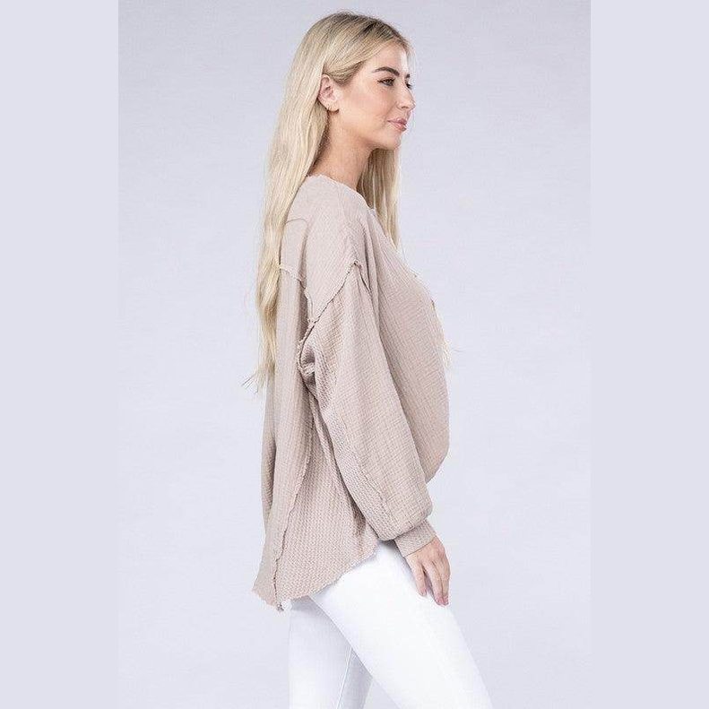 Double Gauze Oversized 3/4 Button Henley Neck Top - VacationGrabs
