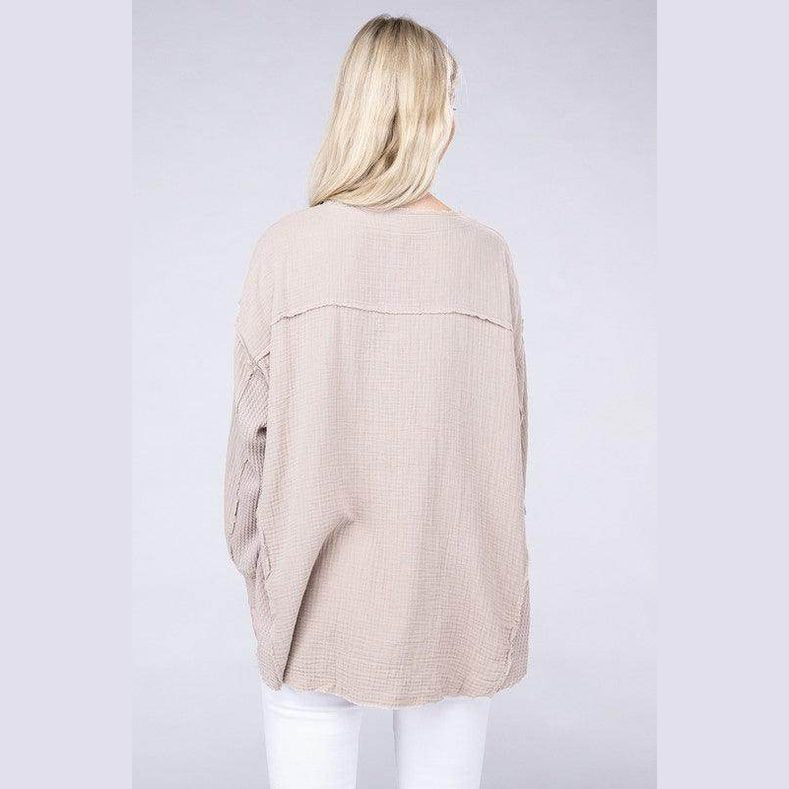 Double Gauze Oversized 3/4 Button Henley Neck Top - VacationGrabs