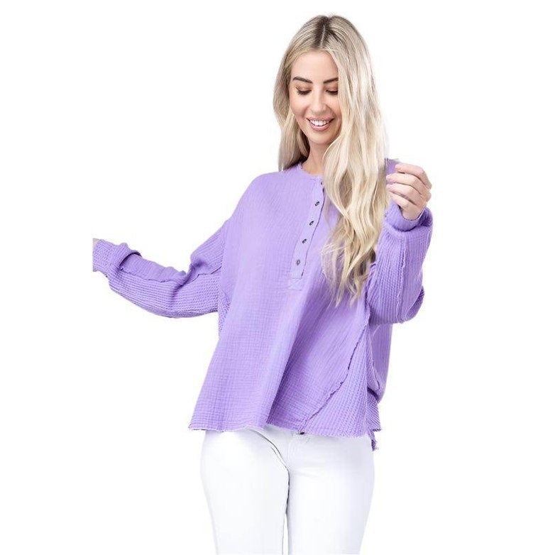 Double Gauze Oversized 3/4 Button Henley Neck Top - VacationGrabs