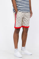 WEIV Double O Tape casual sweat shorts in beige with red trim worn with striped shirt and white sneakers