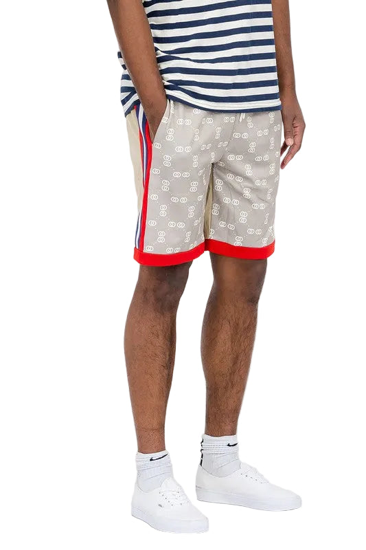 WEIV Double O Tape casual sweat shorts in beige with red trim worn with striped shirt and white sneakers
