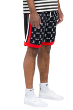 WEIV Double O Tape casual sweat shorts in black with white and red accents worn by a male model