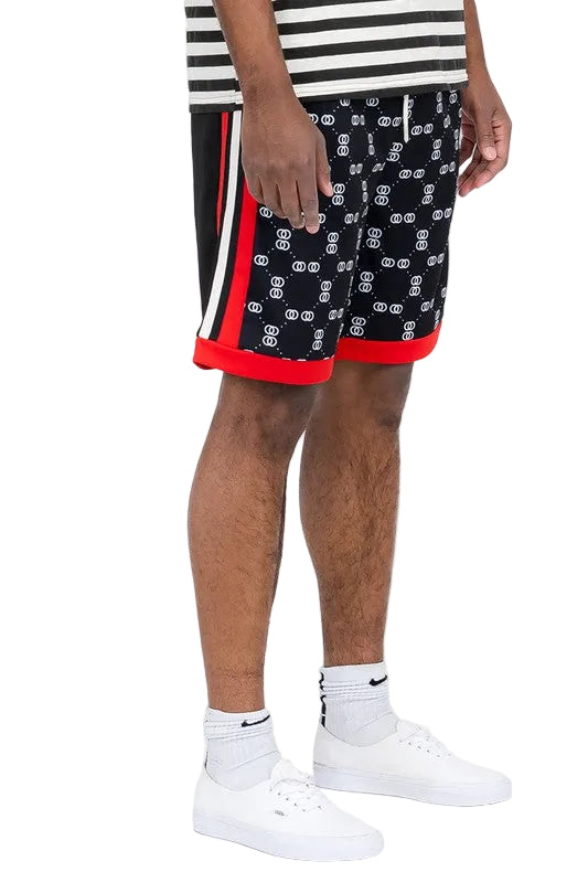 WEIV Double O Tape casual sweat shorts in black with white and red accents worn by a male model