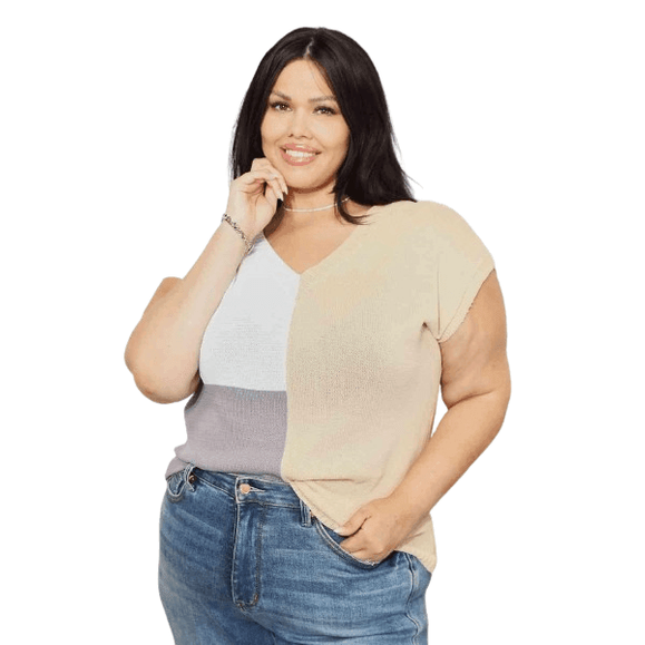 Double Take Color Block V-Neck Knit Top - VacationGrabs