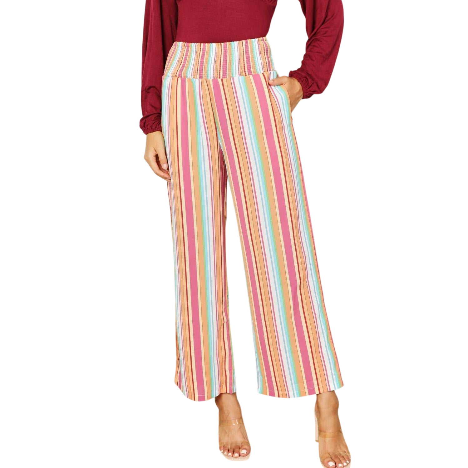 Double Take Striped Smocked Waist Pants with Pockets