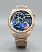 Rose gold smartwatch with a detailed display on a gray background