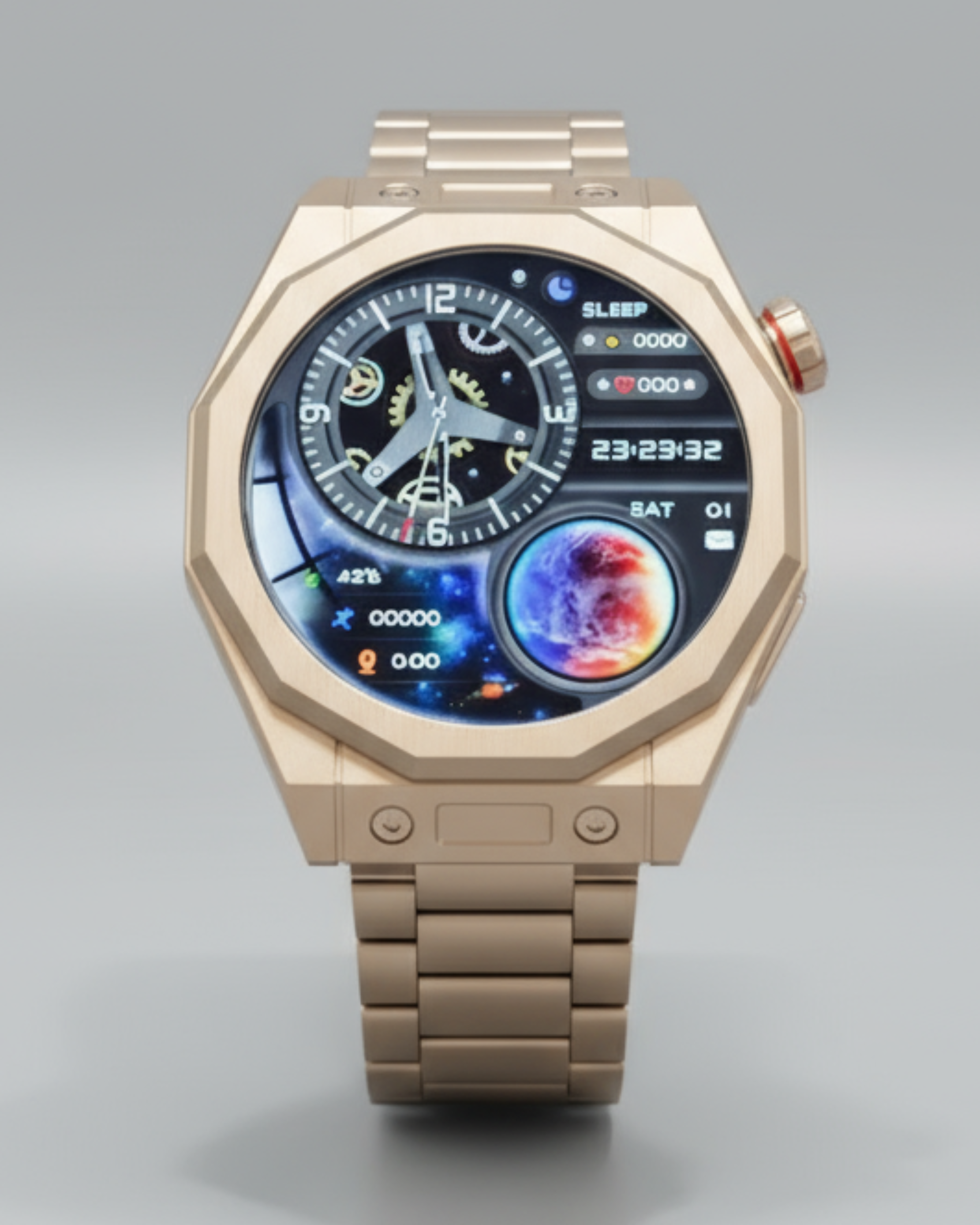 Rose gold smartwatch with a detailed display on a gray background