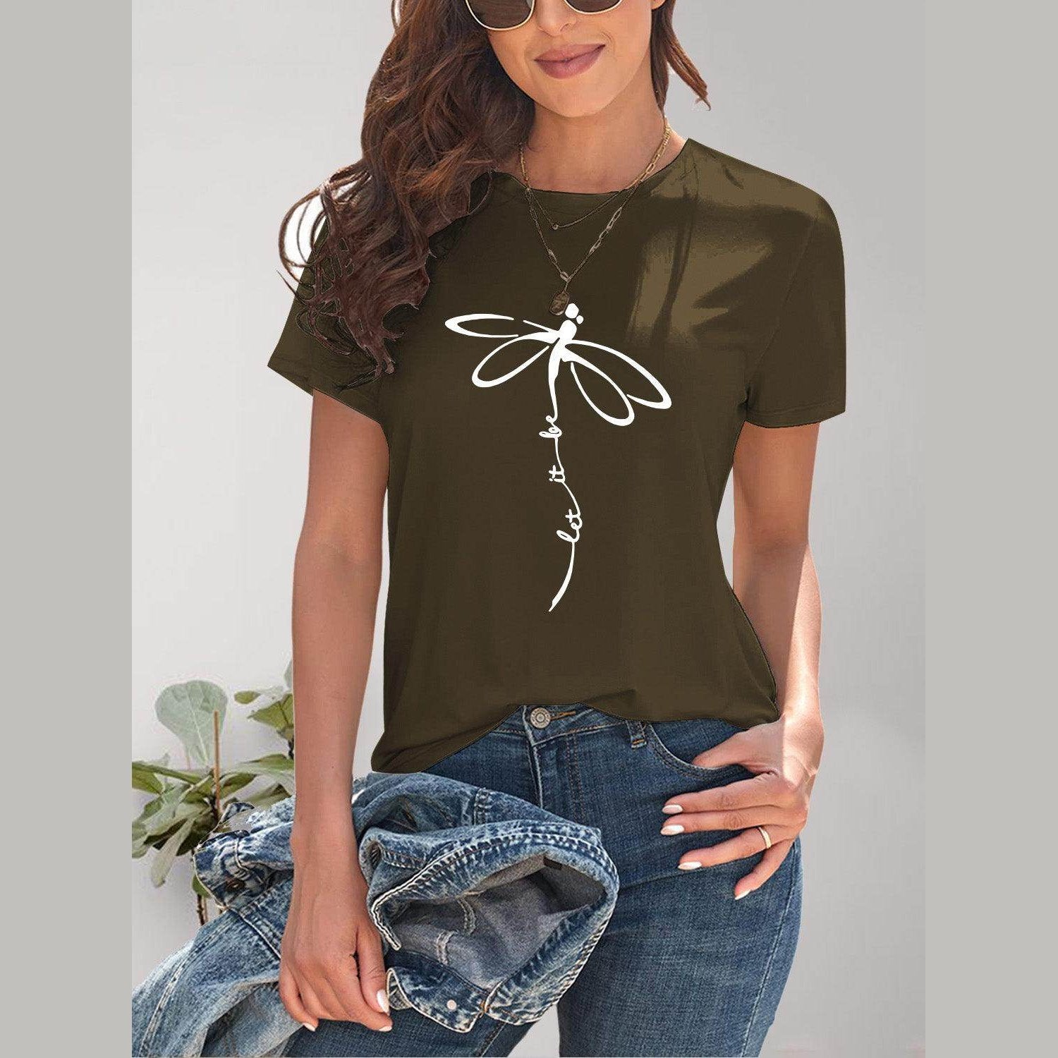 Dragonfly Graphic Round Neck Short Sleeve T-Shirt - VacationGrabs