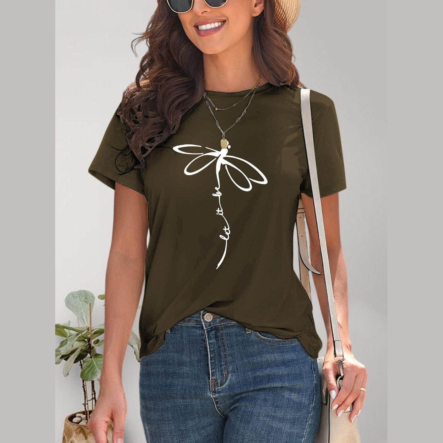 Dragonfly Graphic Round Neck Short Sleeve T-Shirt - VacationGrabs