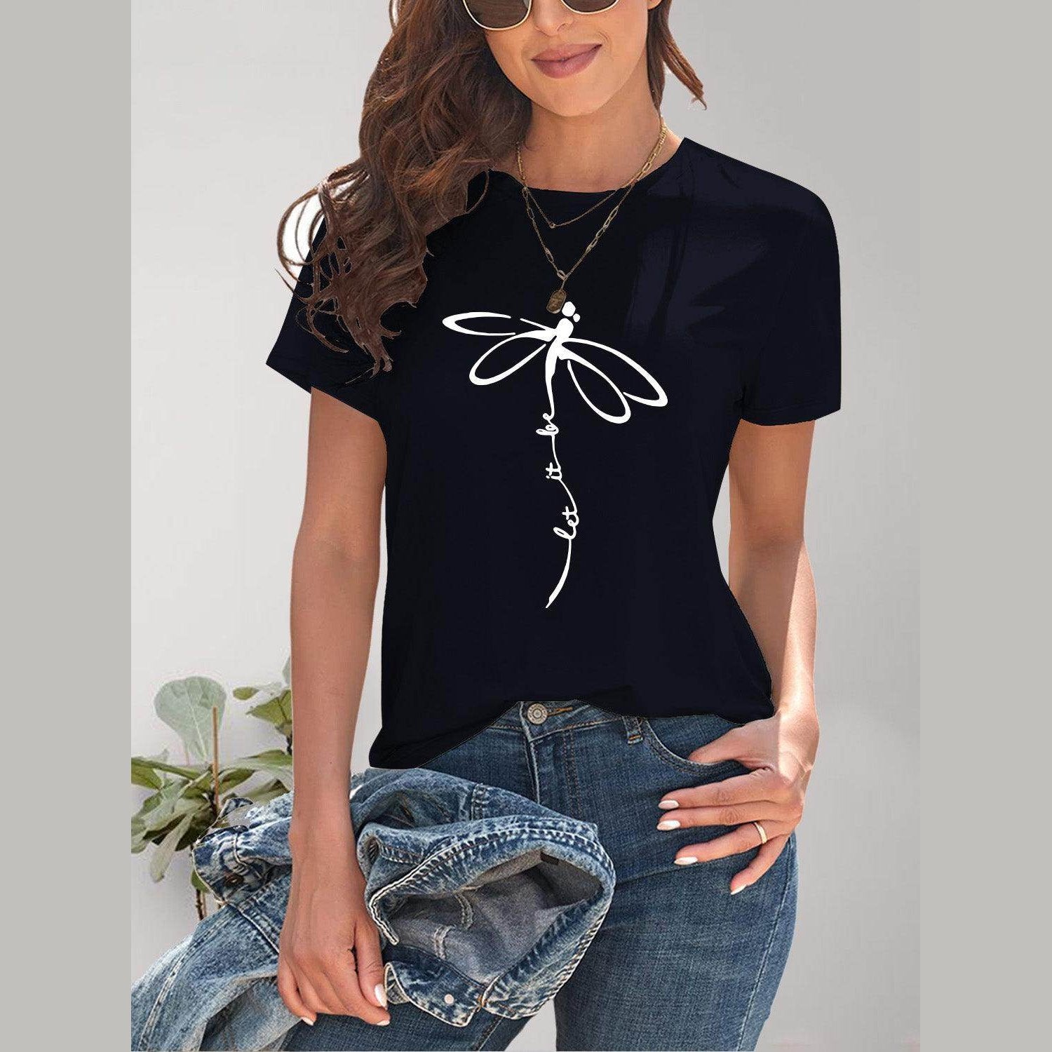 Dragonfly Graphic Round Neck Short Sleeve T-Shirt - VacationGrabs