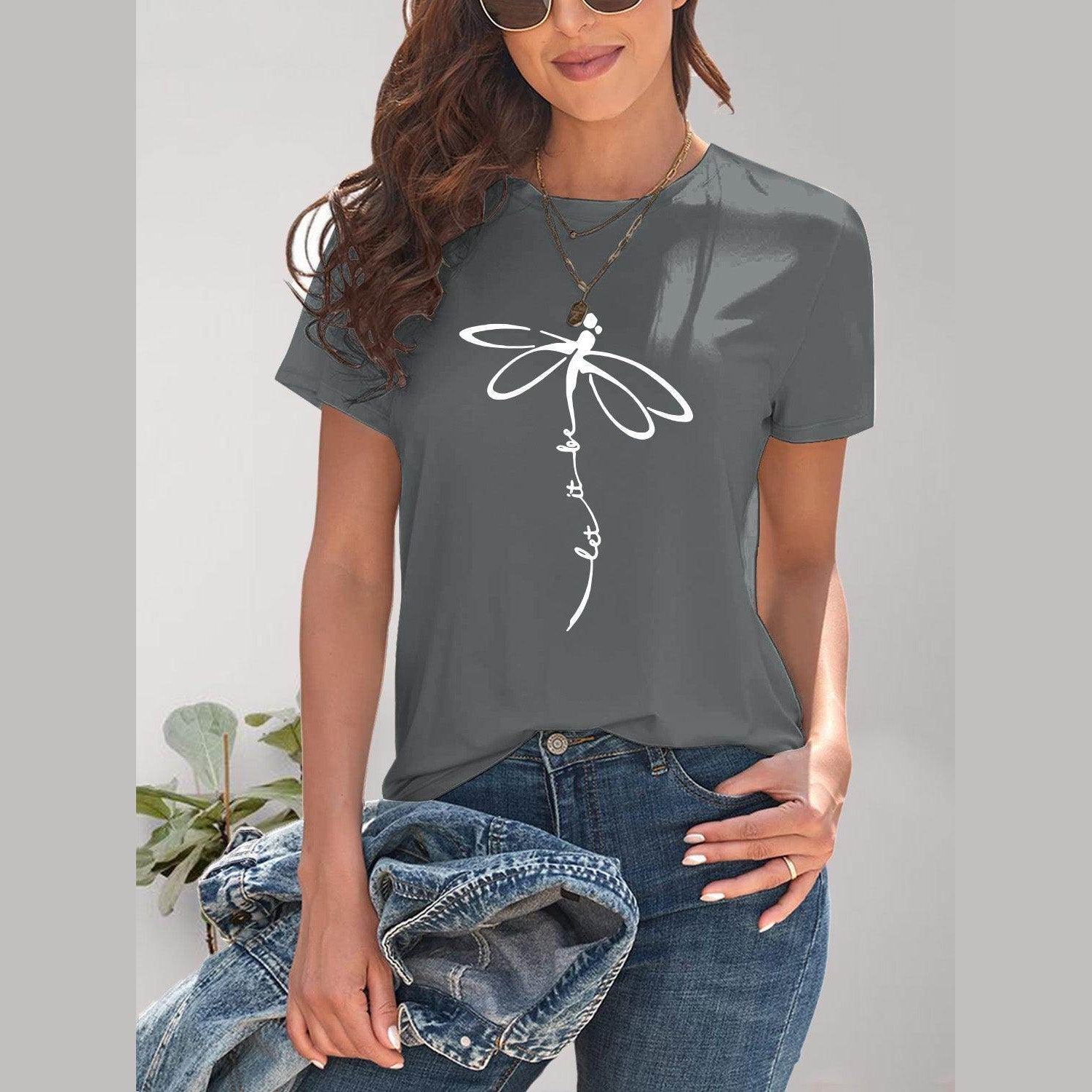 Dragonfly Graphic Round Neck Short Sleeve T-Shirt - VacationGrabs