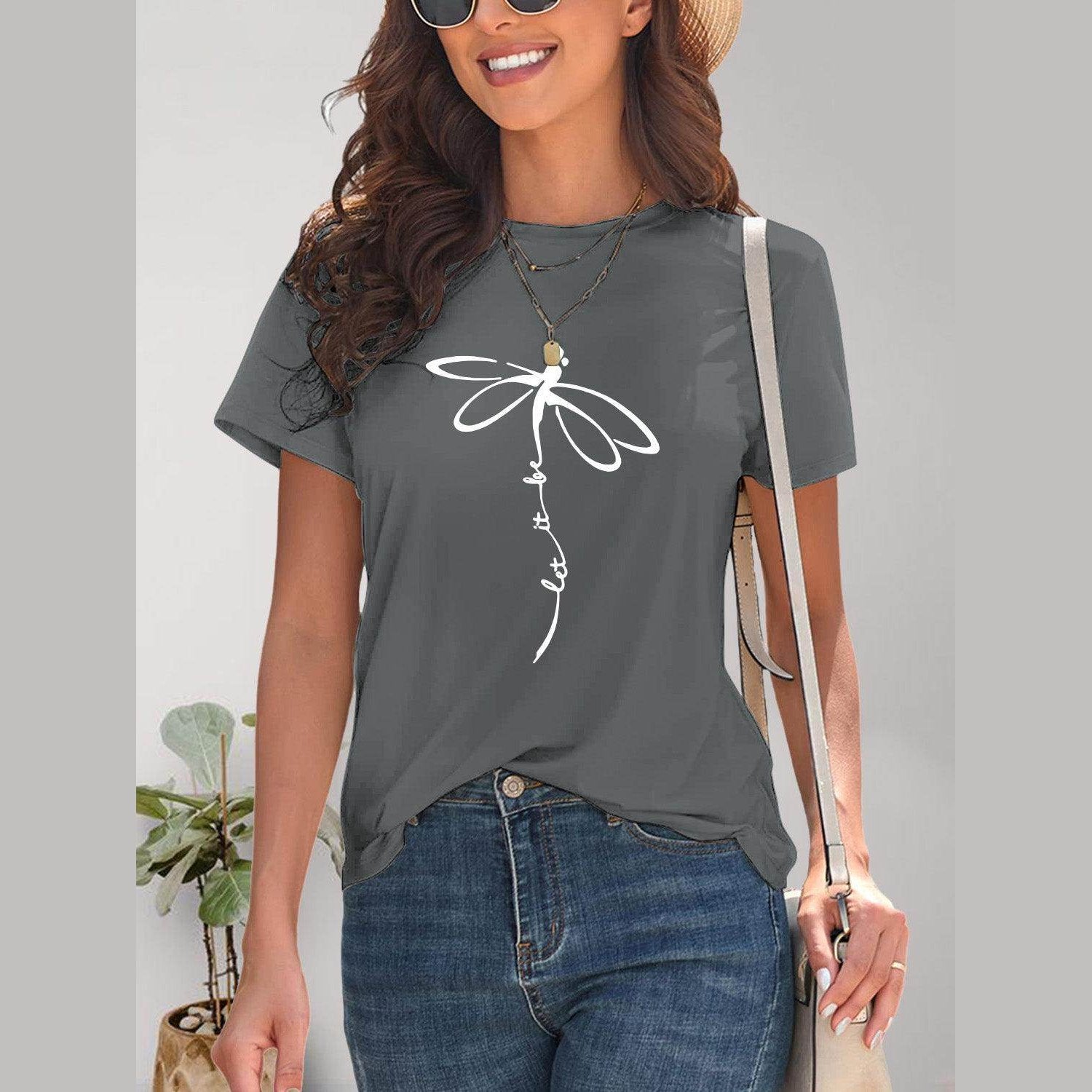 Dragonfly Graphic Round Neck Short Sleeve T-Shirt - VacationGrabs