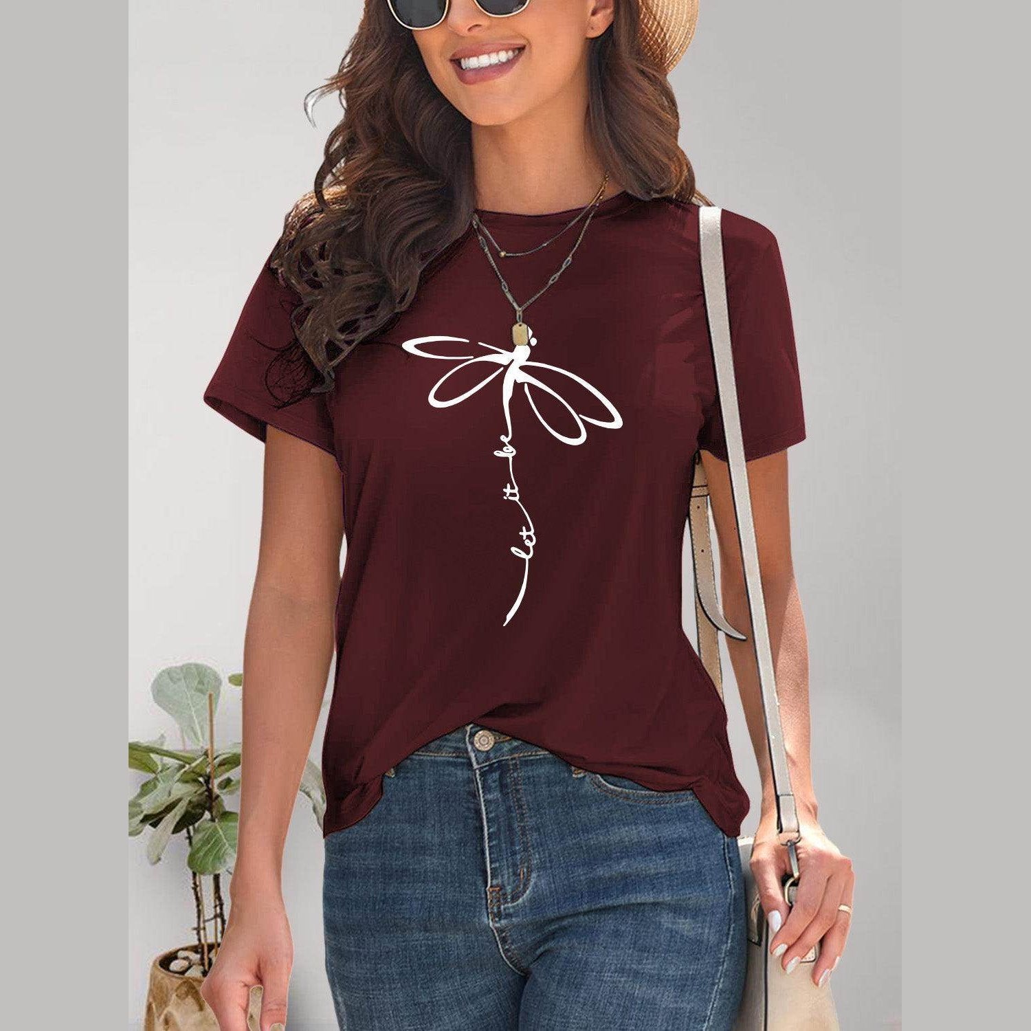 Dragonfly Graphic Round Neck Short Sleeve T-Shirt - VacationGrabs