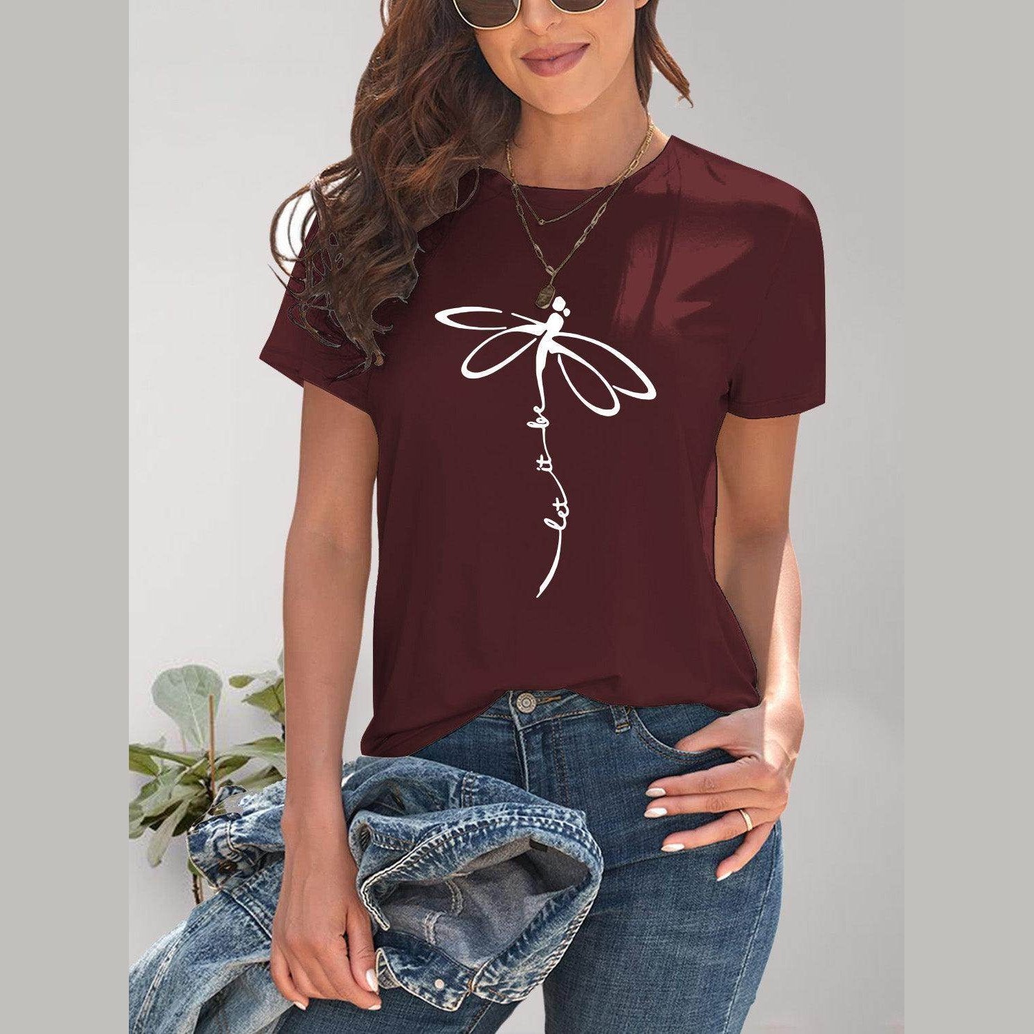 Dragonfly Graphic Round Neck Short Sleeve T-Shirt - VacationGrabs