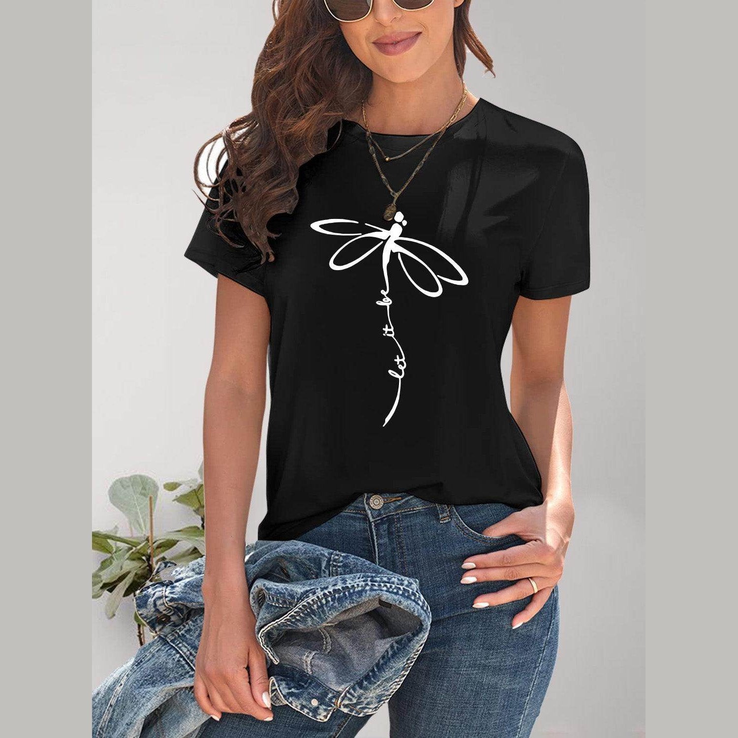Dragonfly Graphic Round Neck Short Sleeve T-Shirt - VacationGrabs