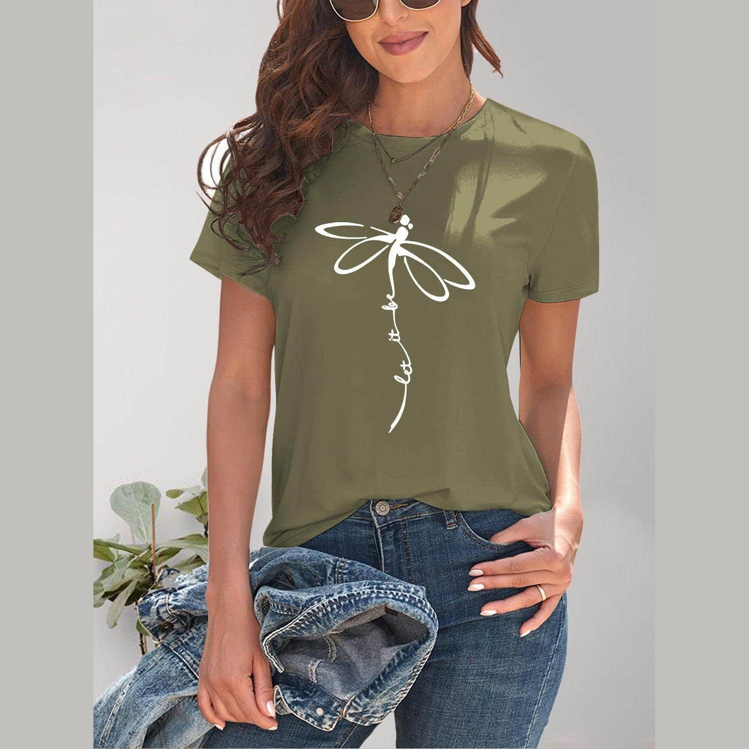 Dragonfly Graphic Round Neck Short Sleeve T-Shirt - VacationGrabs