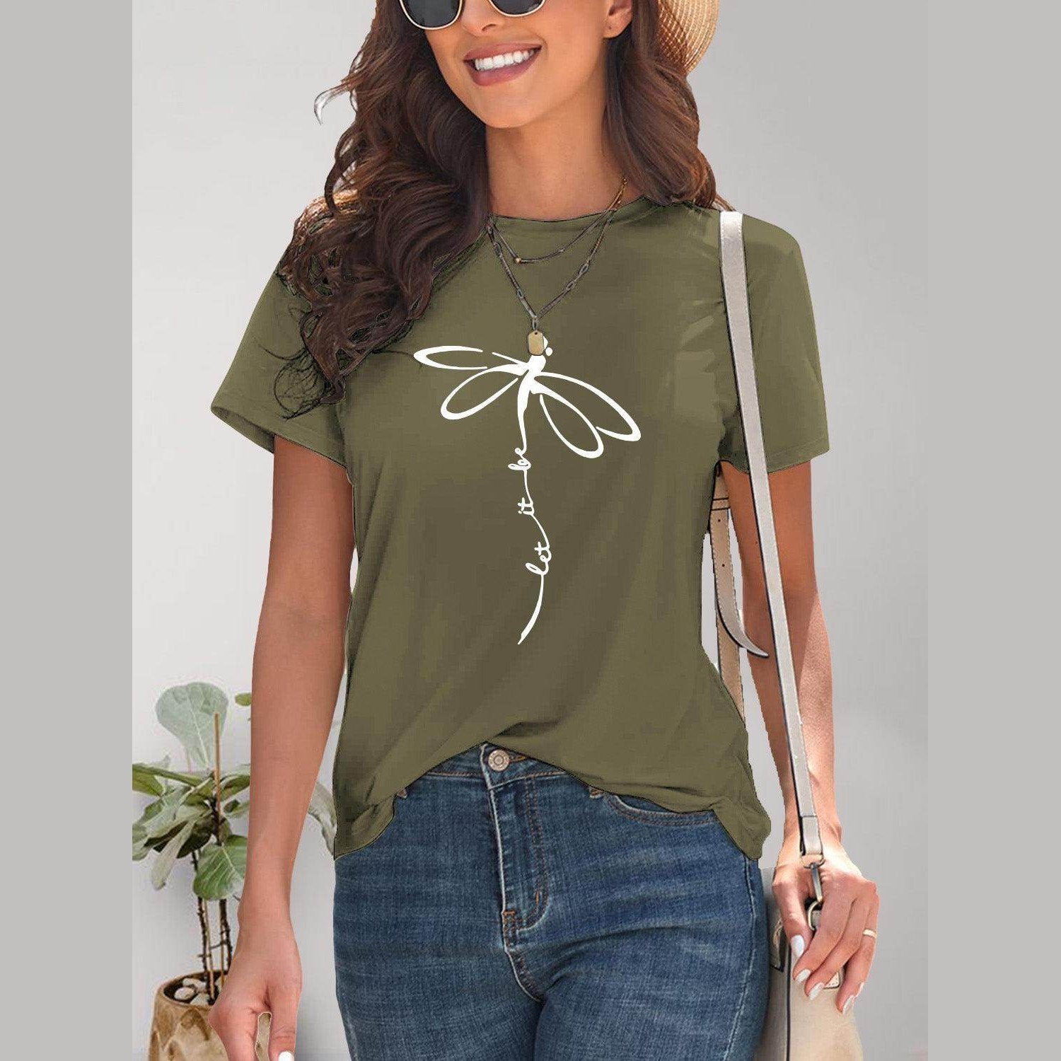 Dragonfly Graphic Round Neck Short Sleeve T-Shirt - VacationGrabs