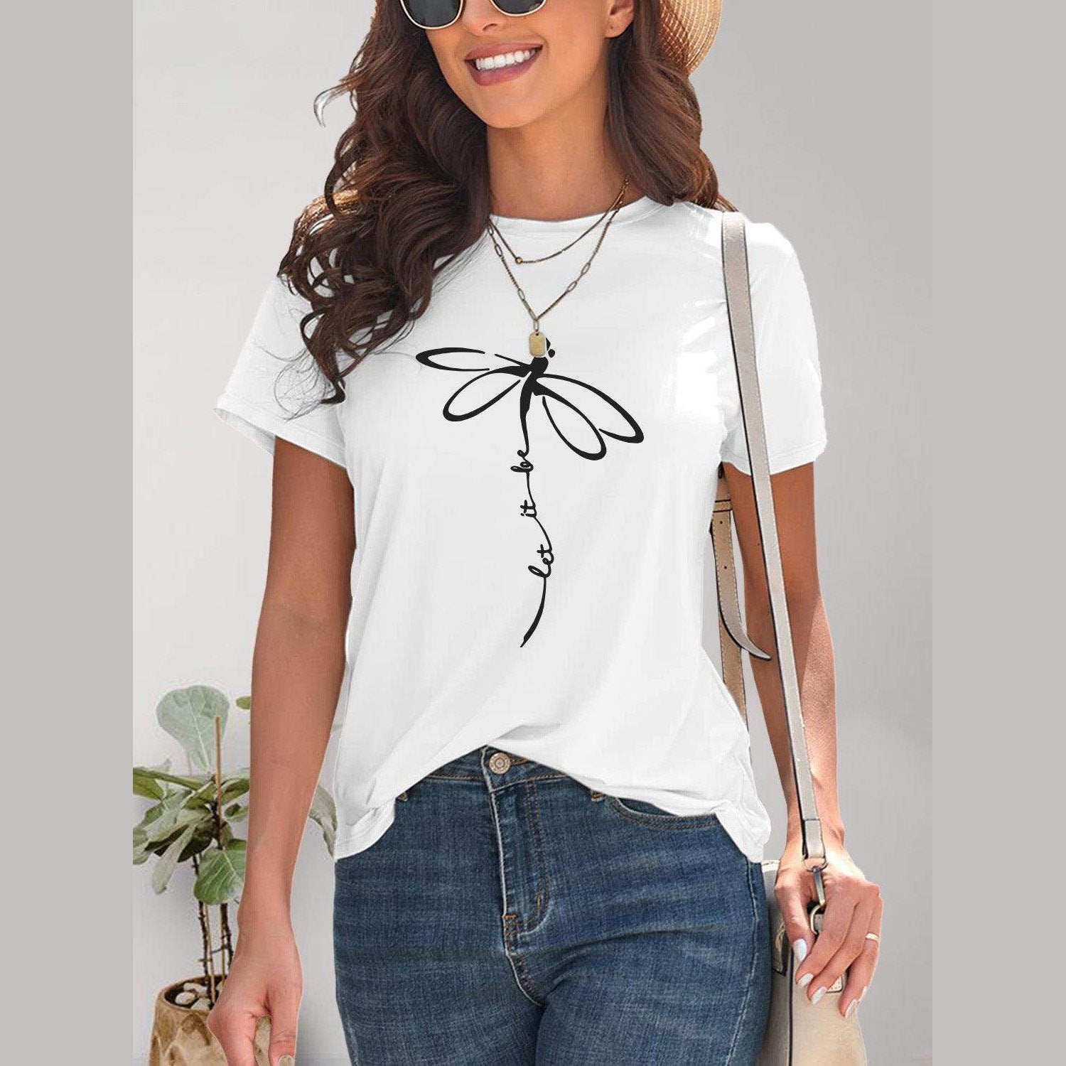 Dragonfly Graphic Round Neck Short Sleeve T-Shirt - VacationGrabs