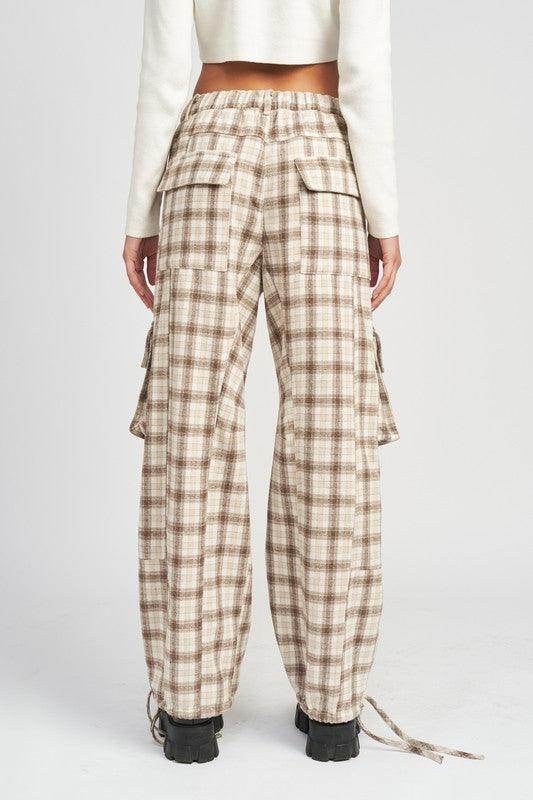 Emory Park women's drawstring cargo trousers in plaid pattern featuring side pockets and adjustable hem