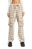 Emory Park Women's Drawstring Cargo Trousers in Plaid Pattern with Side Pockets for Casual Style