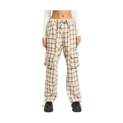 Emory Park Women's Drawstring Cargo Trousers in Plaid Pattern with Side Pockets for Casual Style