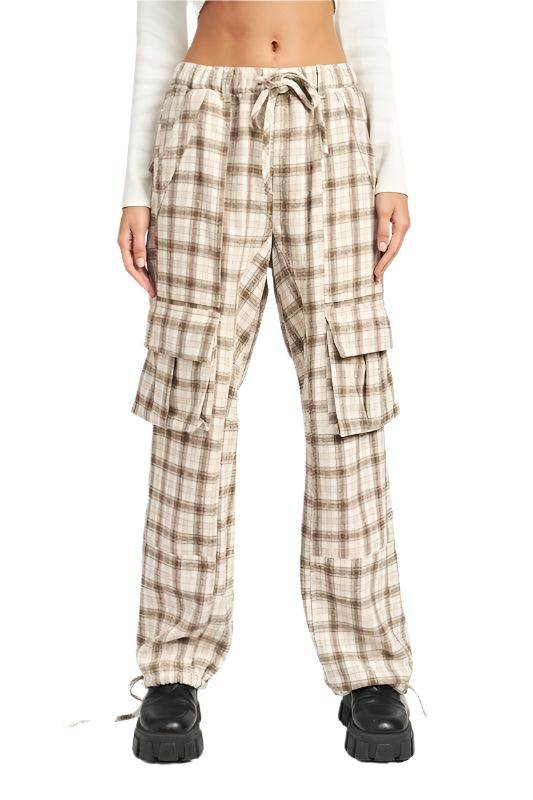 Emory Park Women's Drawstring Cargo Trousers in Plaid Pattern with Side Pockets for Casual Style