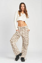 Emory Park women's drawstring cargo trousers in plaid pattern with side pockets for casual style