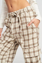 Emory Park women's drawstring cargo trousers in plaid pattern with side pockets for casual comfort