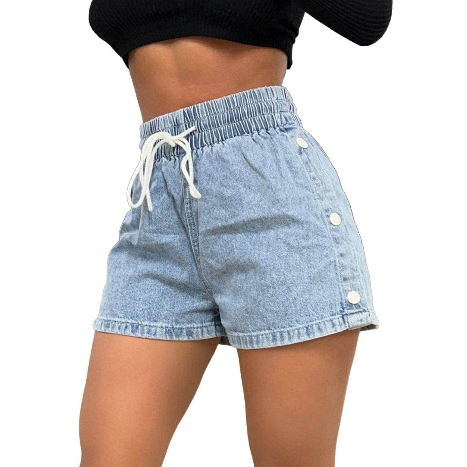 Drawstring High Waist Denim Shorts - VacationGrabs