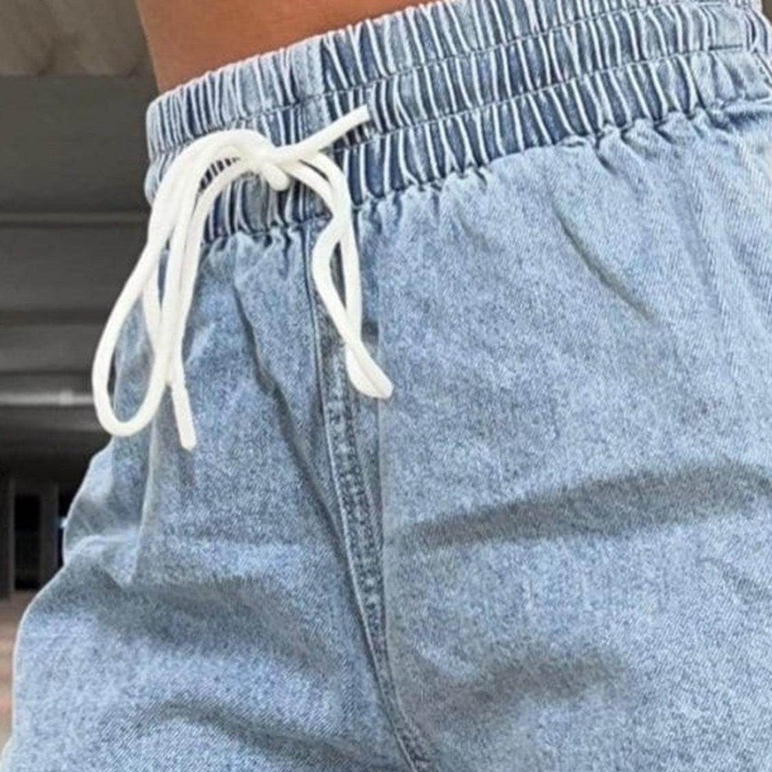 Drawstring High Waist Denim Shorts - VacationGrabs