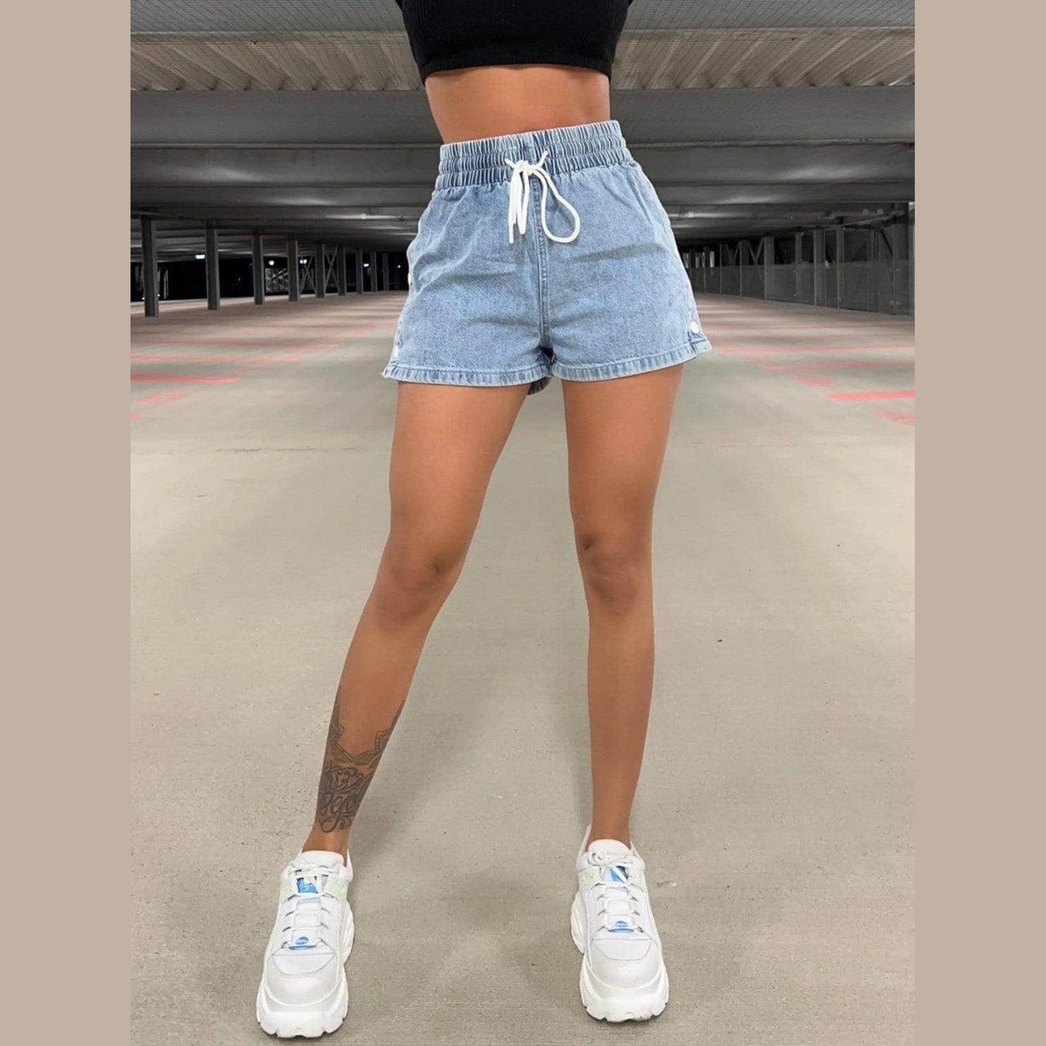 Drawstring High Waist Denim Shorts - VacationGrabs