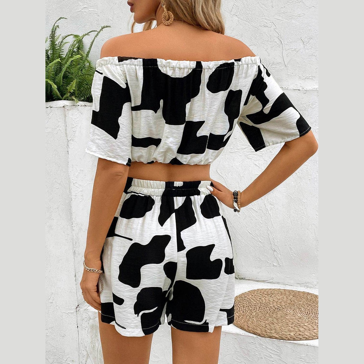 Drawstring Off-Shoulder Top and Shorts Set - VacationGrabs