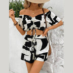 Drawstring Off-Shoulder Top and Shorts Set - VacationGrabs