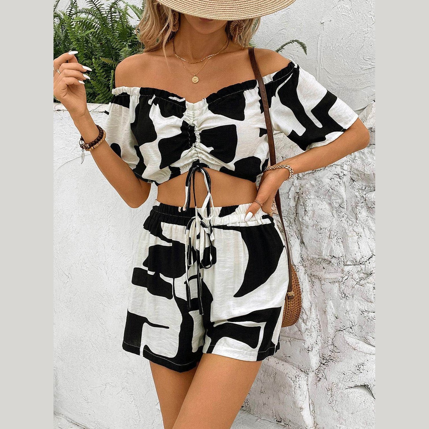 Drawstring Off-Shoulder Top and Shorts Set - VacationGrabs