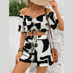 Drawstring Off-Shoulder Top and Shorts Set - VacationGrabs