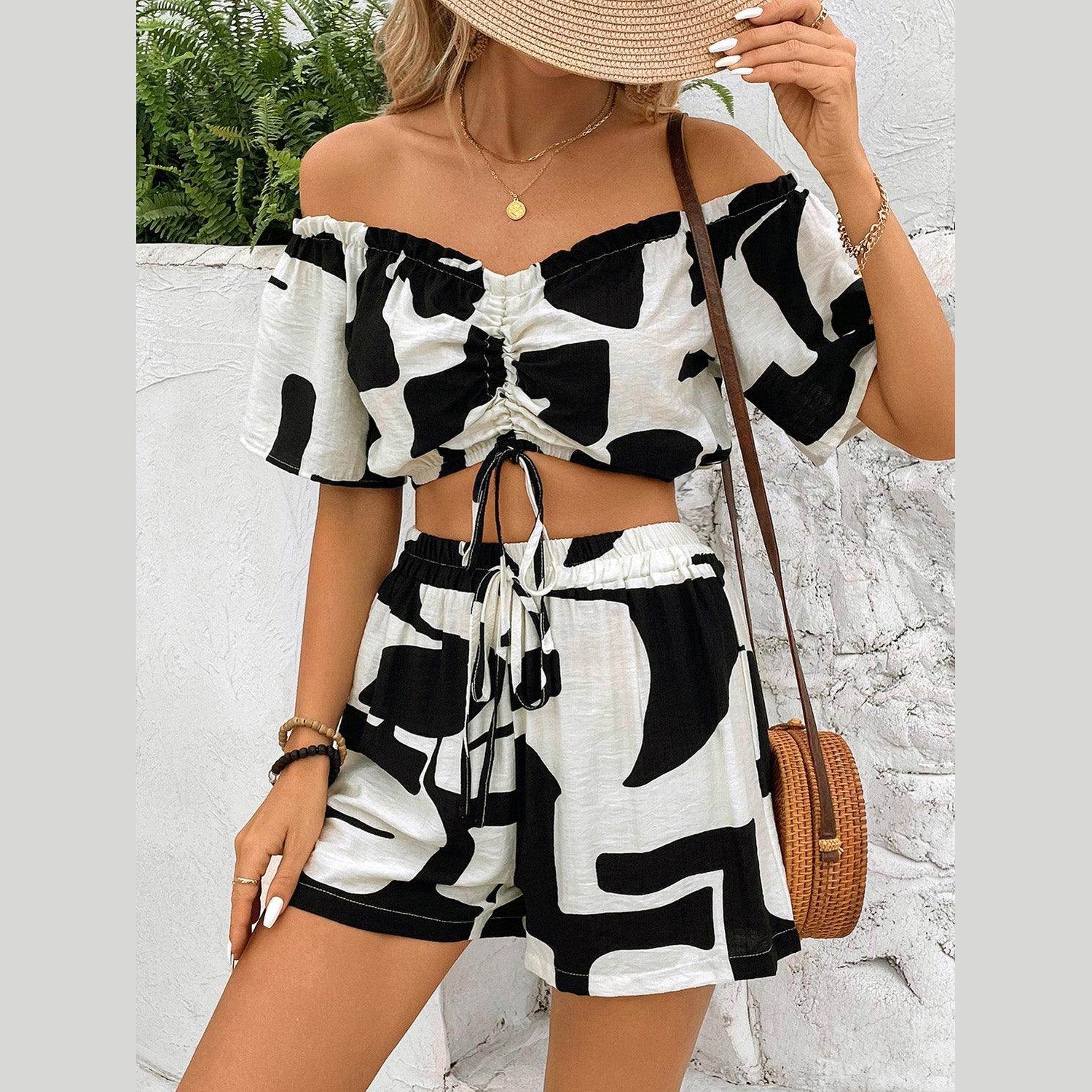 Drawstring Off-Shoulder Top and Shorts Set - VacationGrabs
