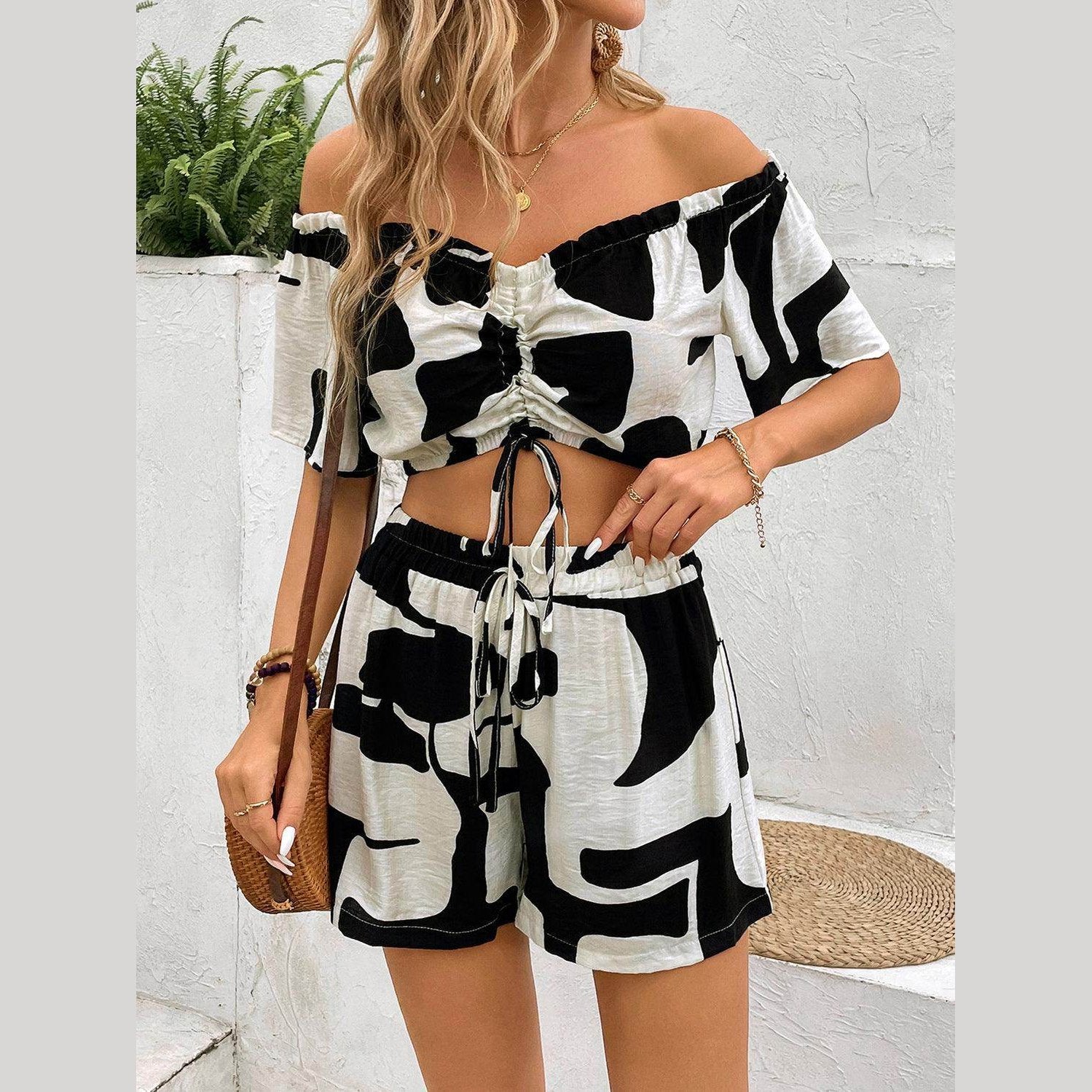 Drawstring Off-Shoulder Top and Shorts Set - VacationGrabs