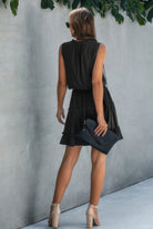 Stylish black drawstring summer dress for women with tiered ruffles and a casual fit