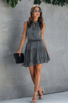 Light gray drawstring summer dress for women with ruffle hem, perfect for casual outings