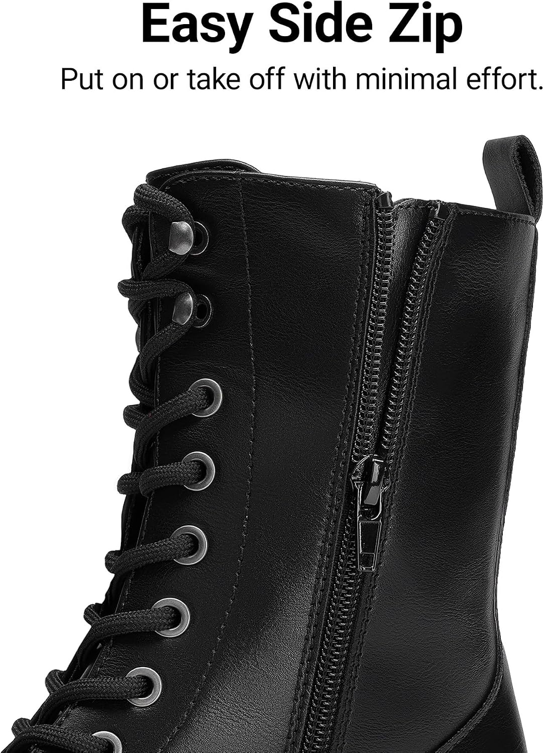 DREAM PAIRS Lace-up Combat Boots Mid-calf Military Winter Boot for Women – close-up upper detail