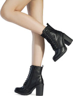 DREAM PAIRS Women's Combat Ankle Chunky Heel Lace up Booties – close-up upper detail