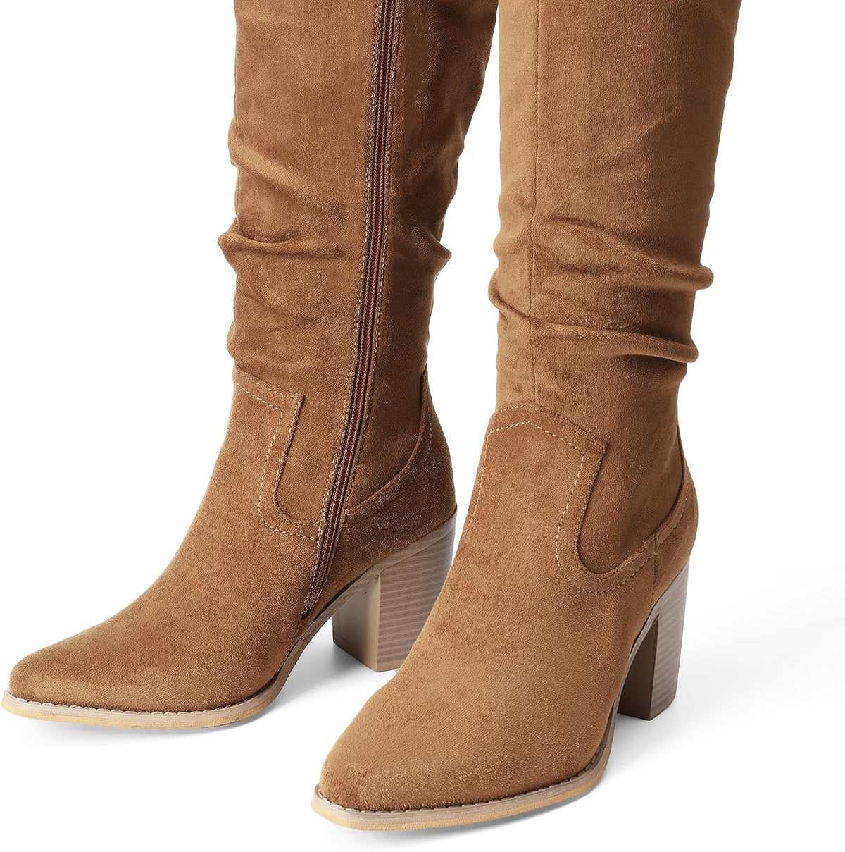 DREAM PAIRS Women's Slouchy Knee-High Chunky Heel Boots – close-up upper detail